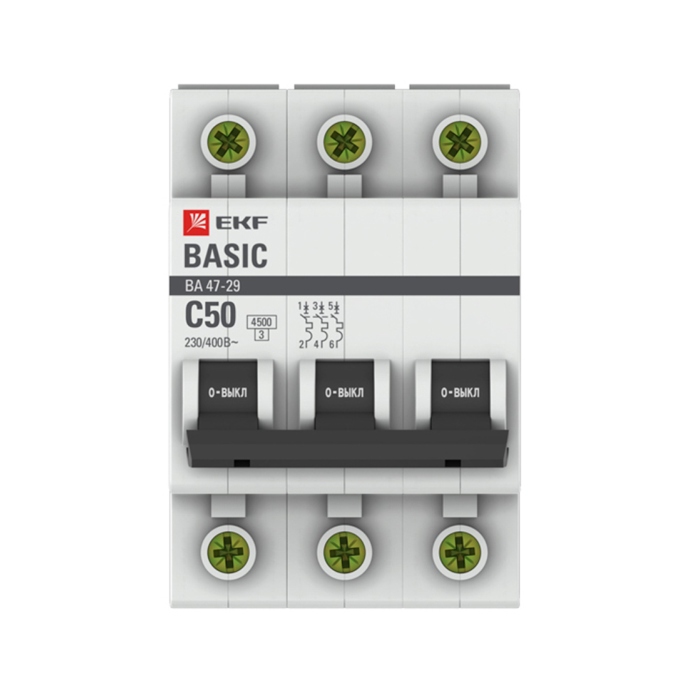 Автоматический выключатель модульный EKF Basic ВА 47-29 3P 50А тип C 4,5 кА 400 В (mcb4729-3-50C)