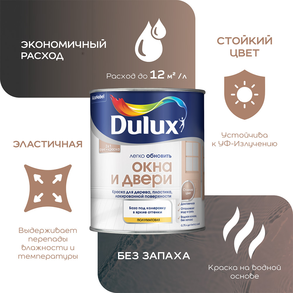 Краска Dulux/Luxium Окна и Двери основа BC бесцветная полуматовая 0,75 л
