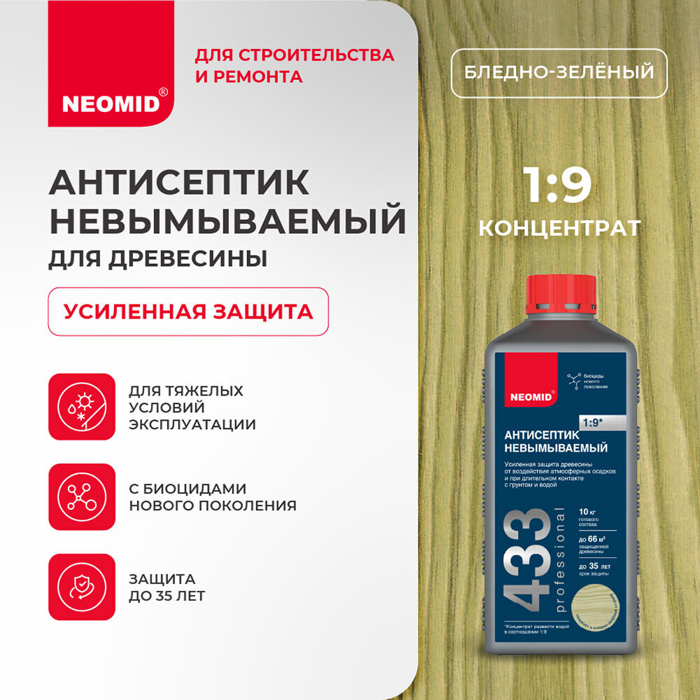 Антисептик Neomid 433 невымываемый для дерева биозащитный концентрат 1:9 1 л зеленый