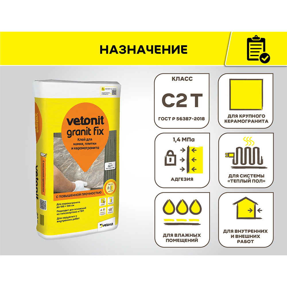Клей для плитки/ керамогранита/ мозаики Vetonit Granit fix серый класс C2 T 25 кг