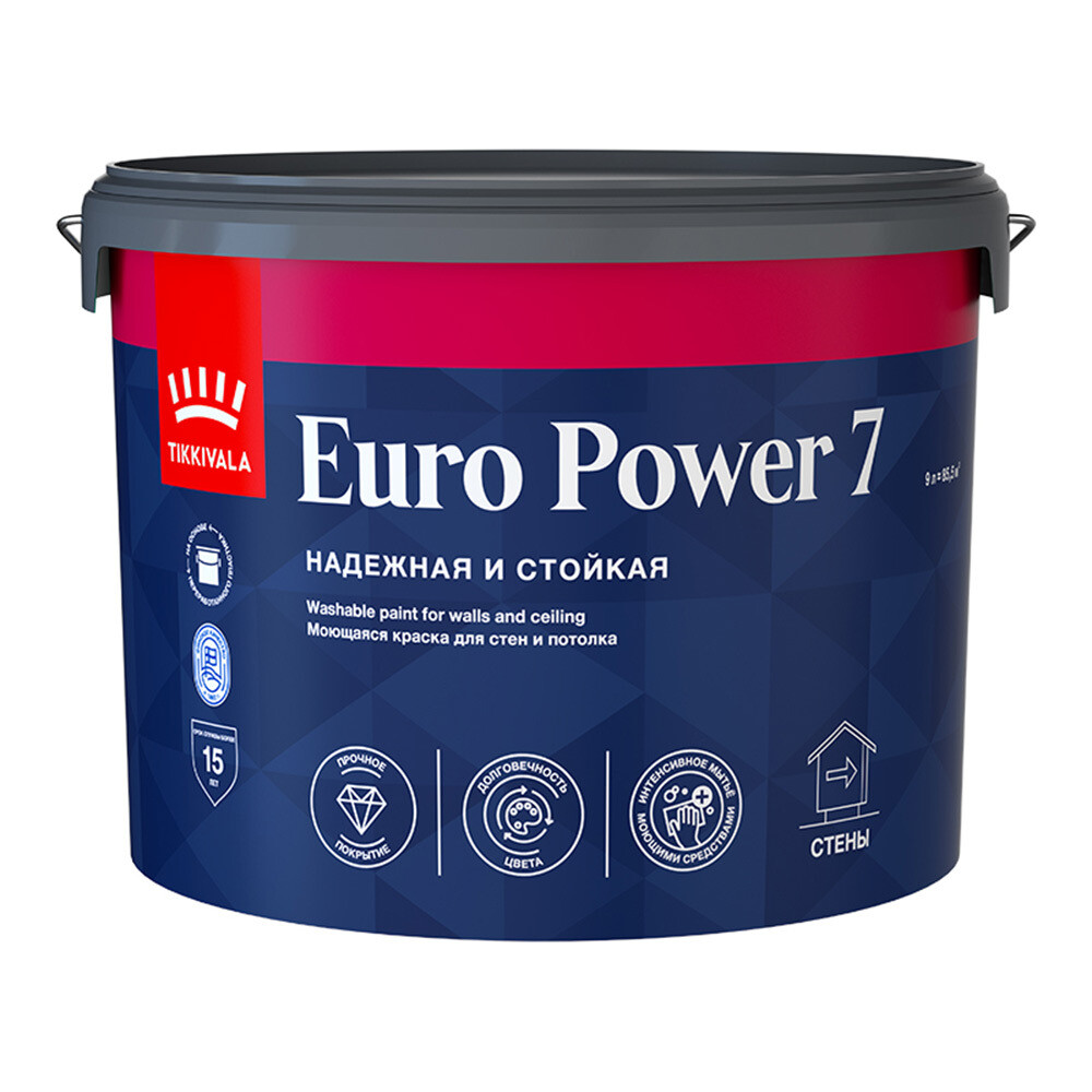 Краска моющаяся Tikkurila/Tikkivala Euro Power 7 база А белая 9 л