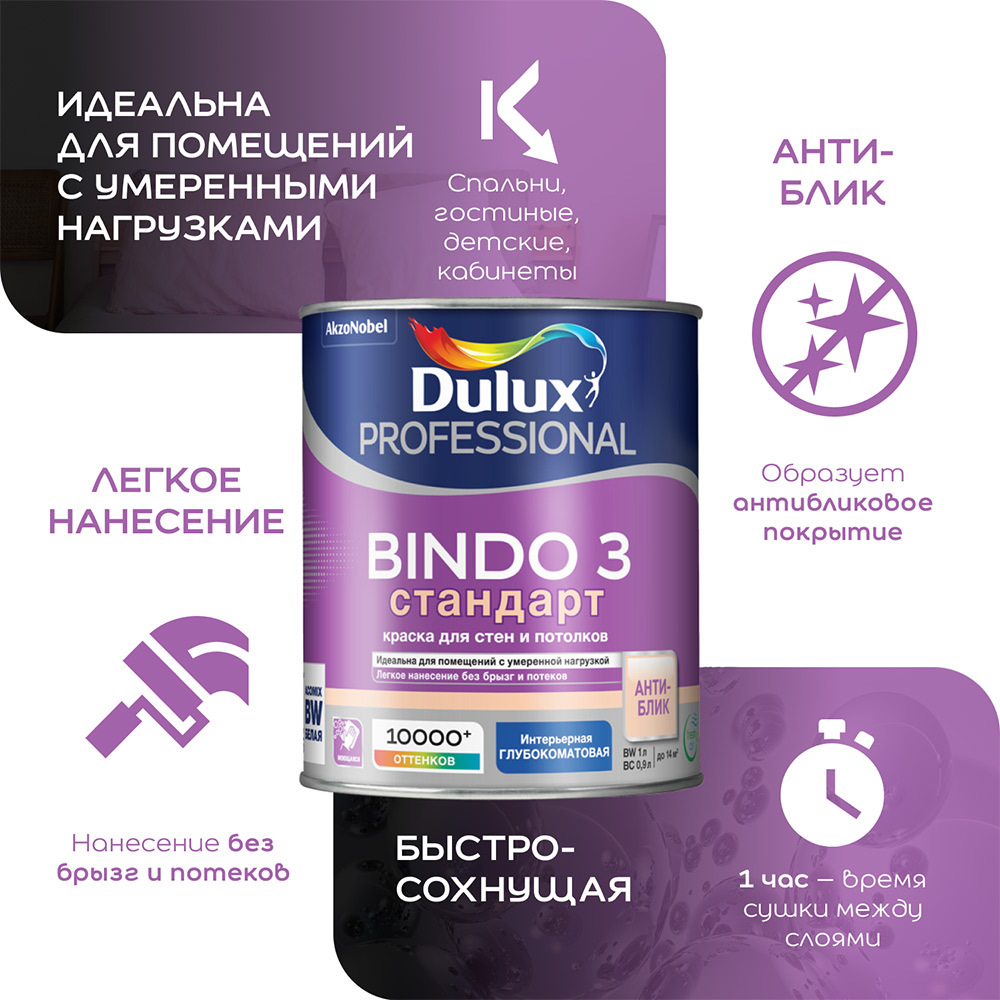 Краска интерьерная Dulux/Luxium Bindo 3 база BW белая 9 л