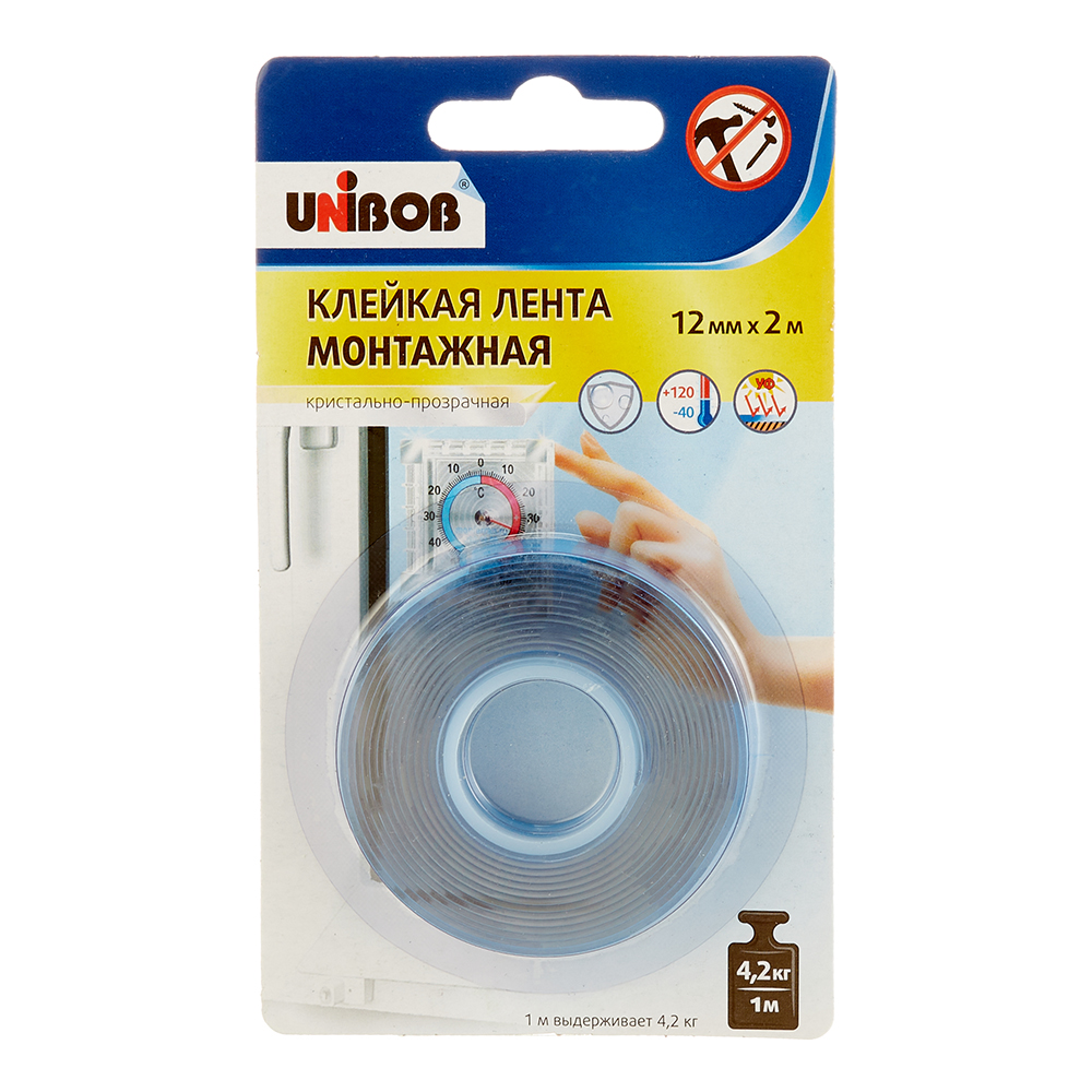 Лента клейкая монтажная Unibob двусторонняя кристально-прозрачная 12 мм 2 м