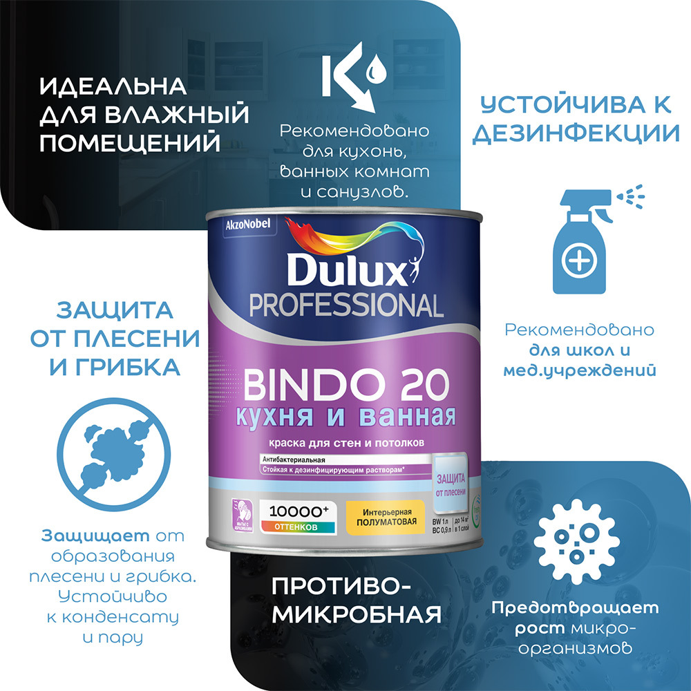 Краска моющаяся Dulux/Luxium Bindo 20 кухня и ванная база BW белая 2,5 л