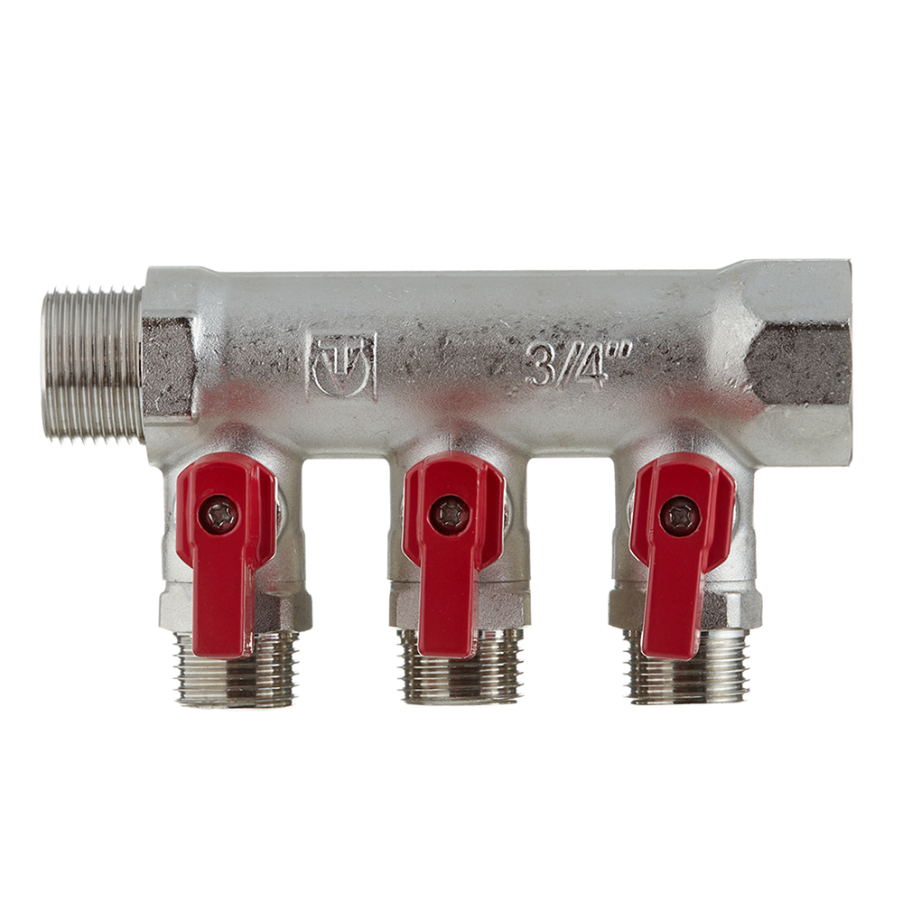 Коллектор Valtec 3/4 ВР(г) х 3 выхода 1/2 НР(ш) х 3/4 НР(ш) с шаровыми кранами (VTc.580.N.0503)