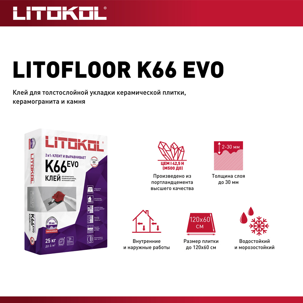 Клей для плитки/ керамогранита/ камня Litokol Litofloor K66 толстослойный серый класс C2 25 кг