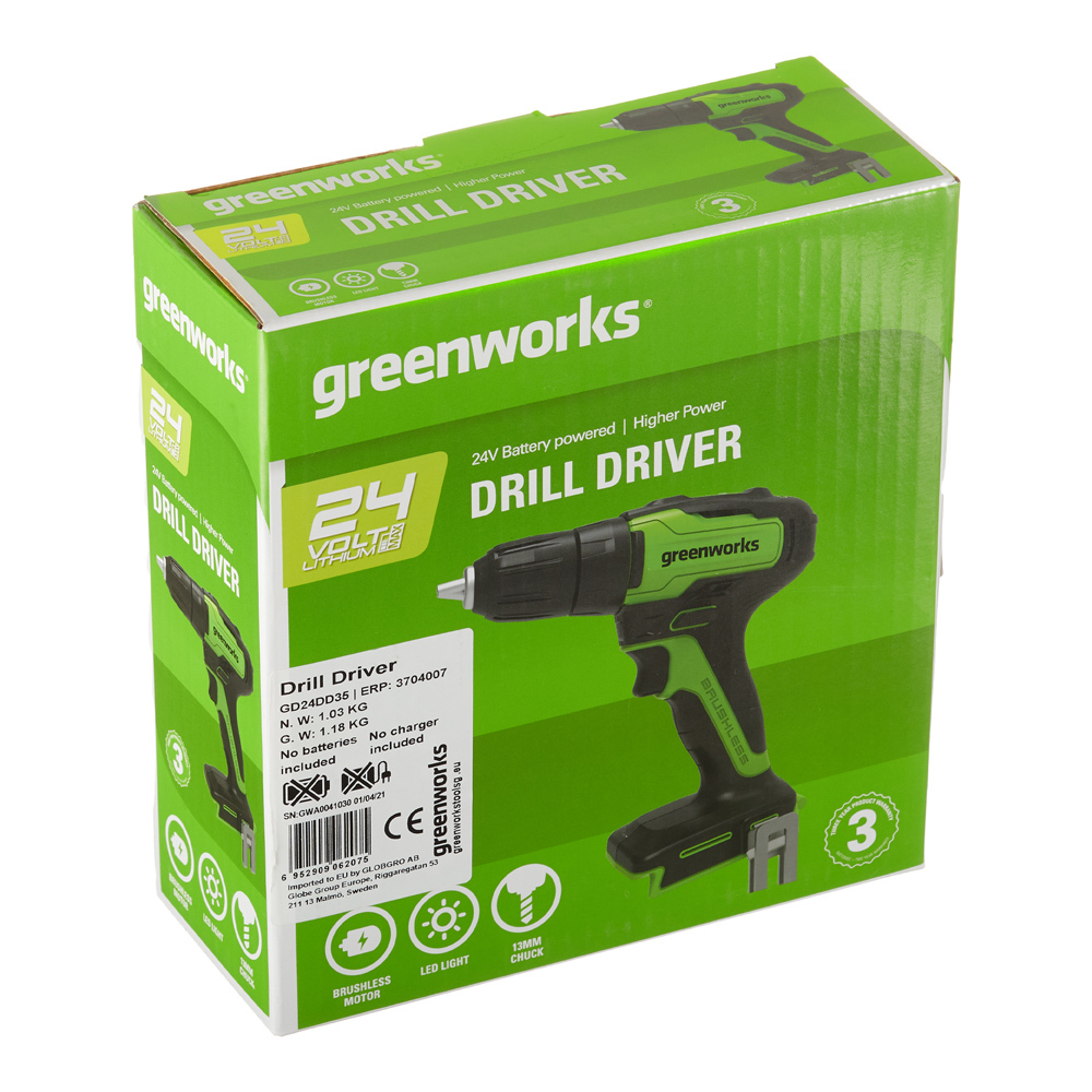 Дрель-шуруповерт аккумуляторная бесщеточная Greenworks GD24AG 24 В без АКБ и ЗУ (3704007)