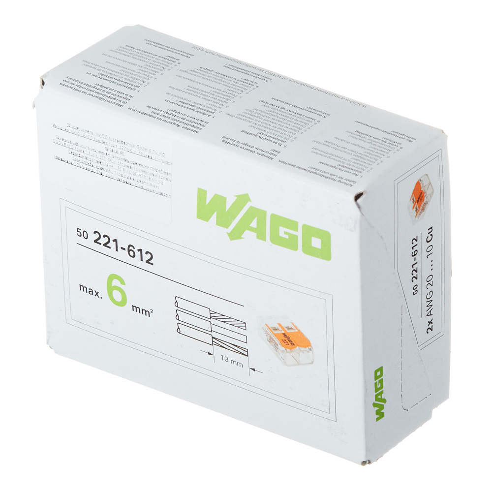 Клемма на 2 провода Wago 0,5-6 кв.мм с рычажками без пасты (50 шт.) (221-612)