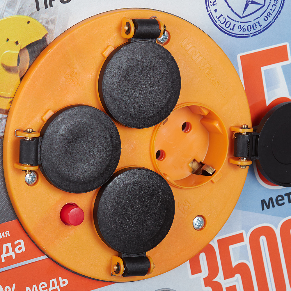 Удлинитель UNIVersal с заземлением 50 м на катушке 3,5 кВт 4 розетки ПВС 3х2,5 кв.мм IP44