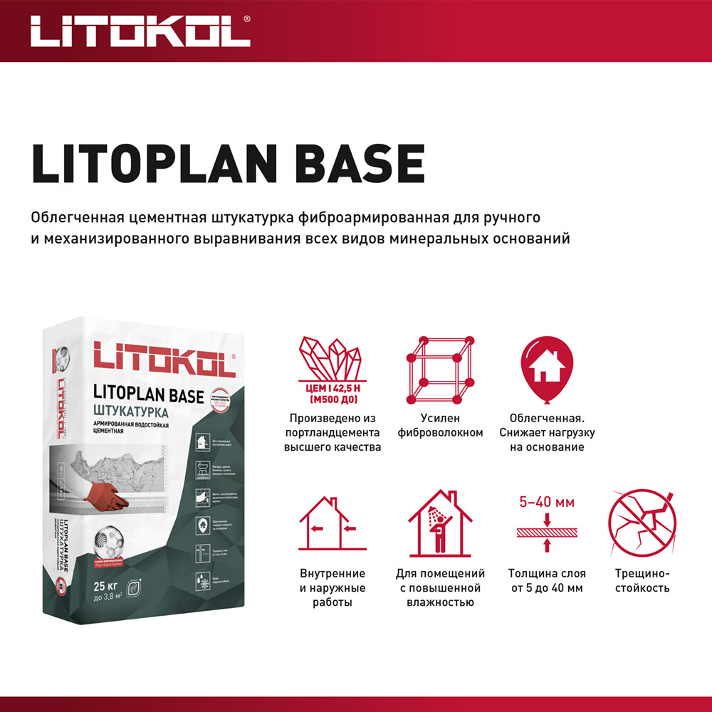 Штукатурка цементная Litokol Litoplan Base водостойкая армированная 25 кг
