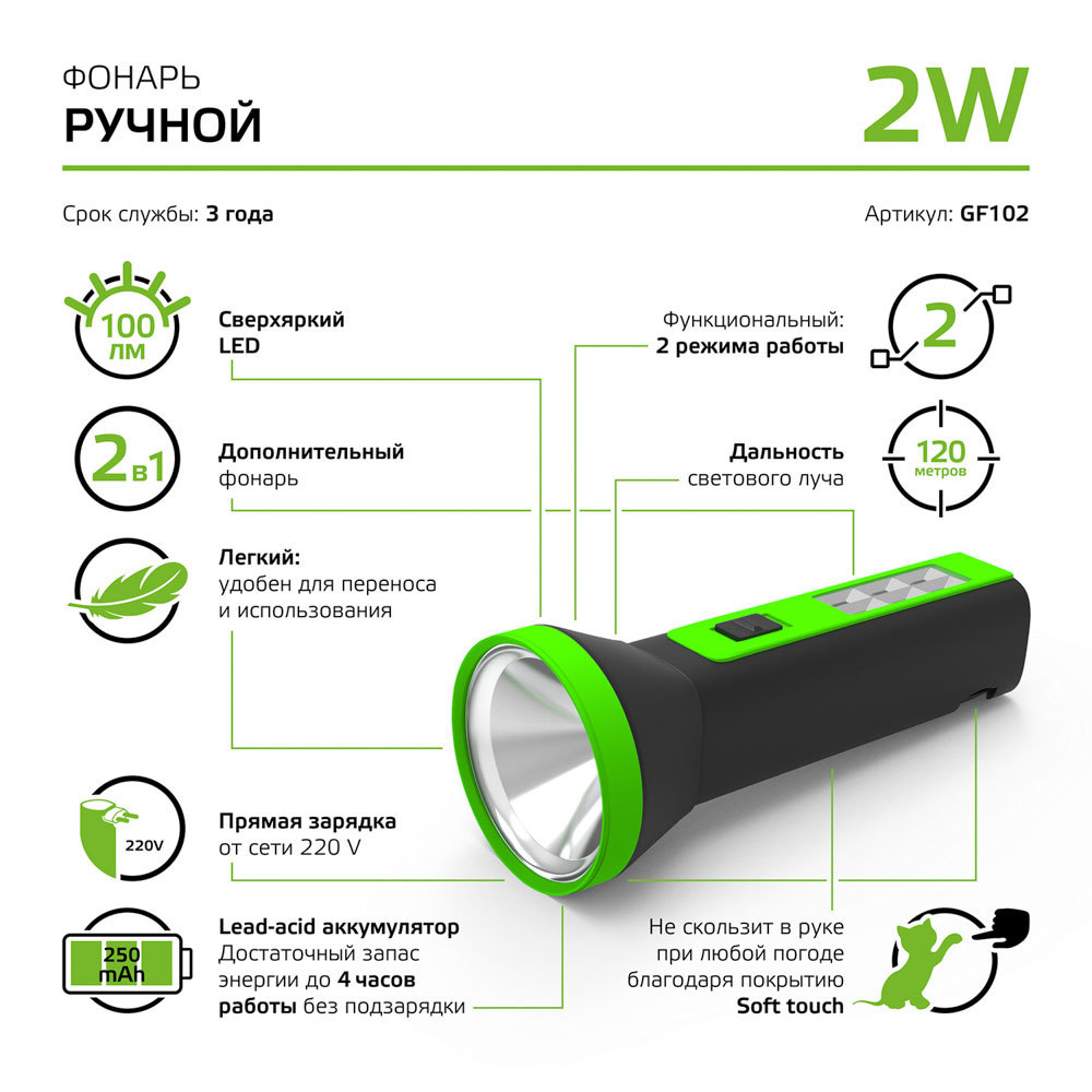 Фонарь ручной Gauss светодиодный 7 LED 2 Вт аккумуляторный Lead-acid 250 мАч пластик 2 режима (GF102)