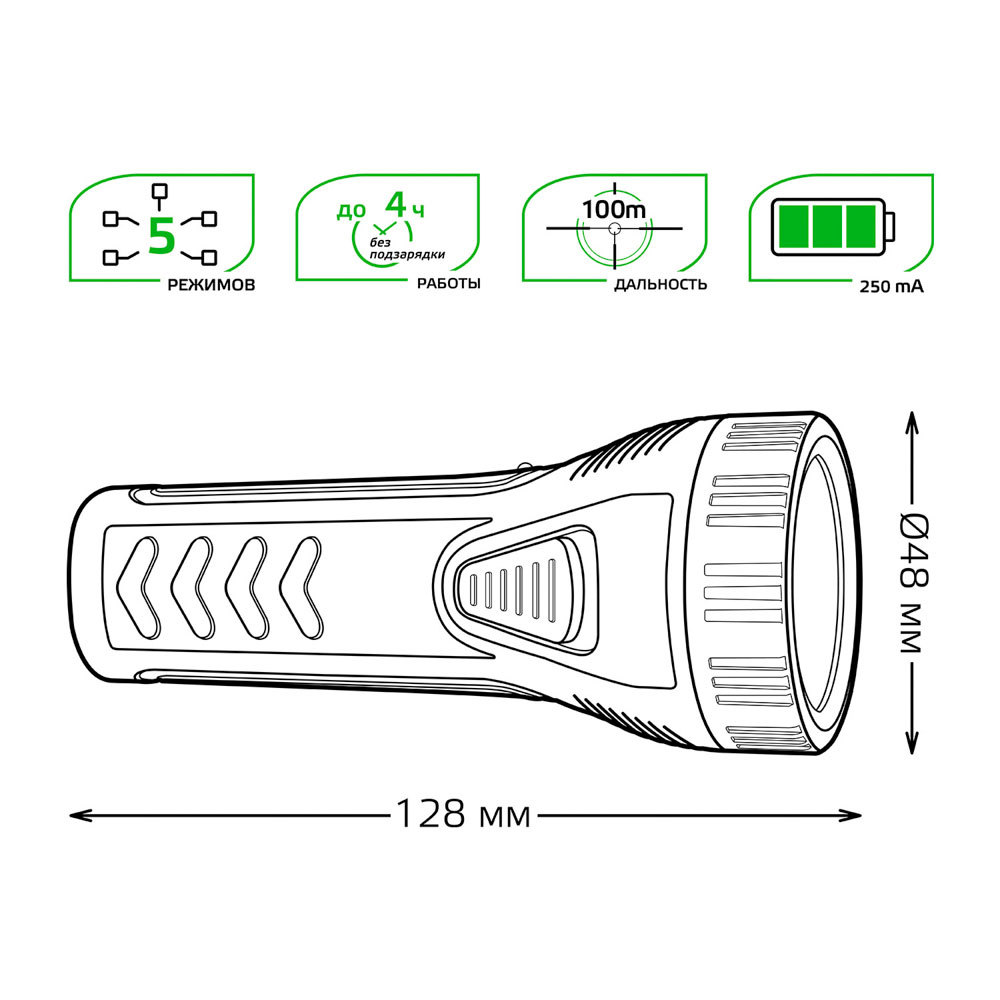 Фонарь ручной Gauss светодиодный 1 LED 1 Вт аккумуляторный Lead-acid 250 мАч пластик 2 режима (GF101)