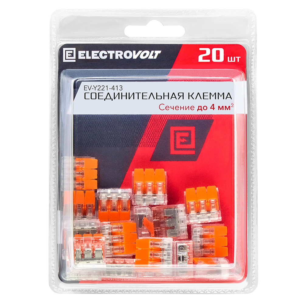 Клемма на 3 провода Electrovolt 221-413 0,2-4 кв.мм с рычажками без пасты (20 шт.) (ЦБ-00015529/605054)