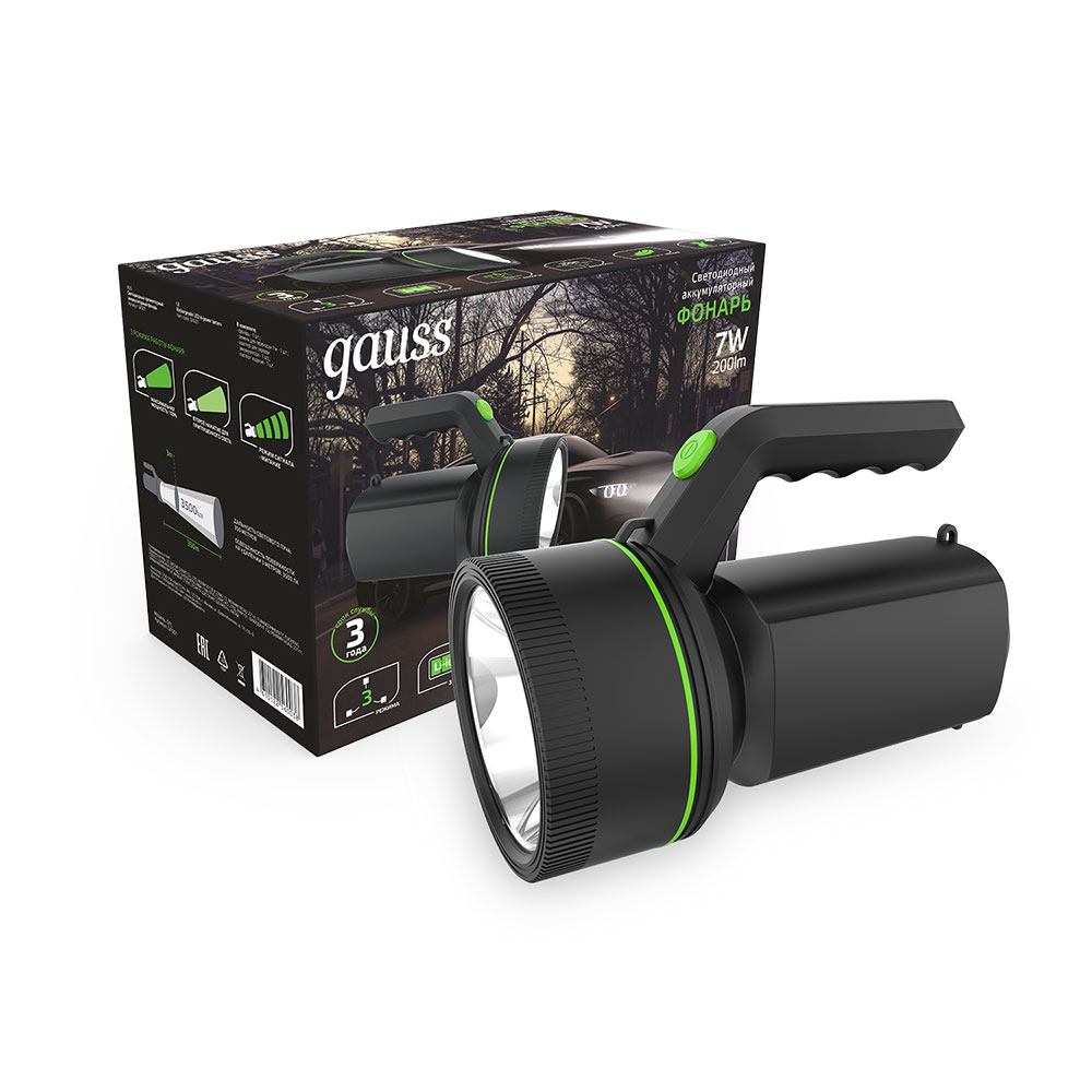 Фонарь прожектор Gauss светодиодный 1 LED 7 Вт аккумуляторный Li-Ion 3000 мАч пластик 3 режима (GF601)