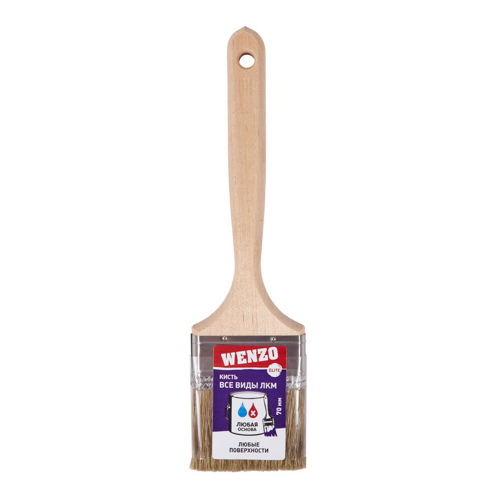 Кисть плоская смешанная щетина деревянная ручка Wenzo Elite 70х14 мм для всех типов ЛКМ на любой основе