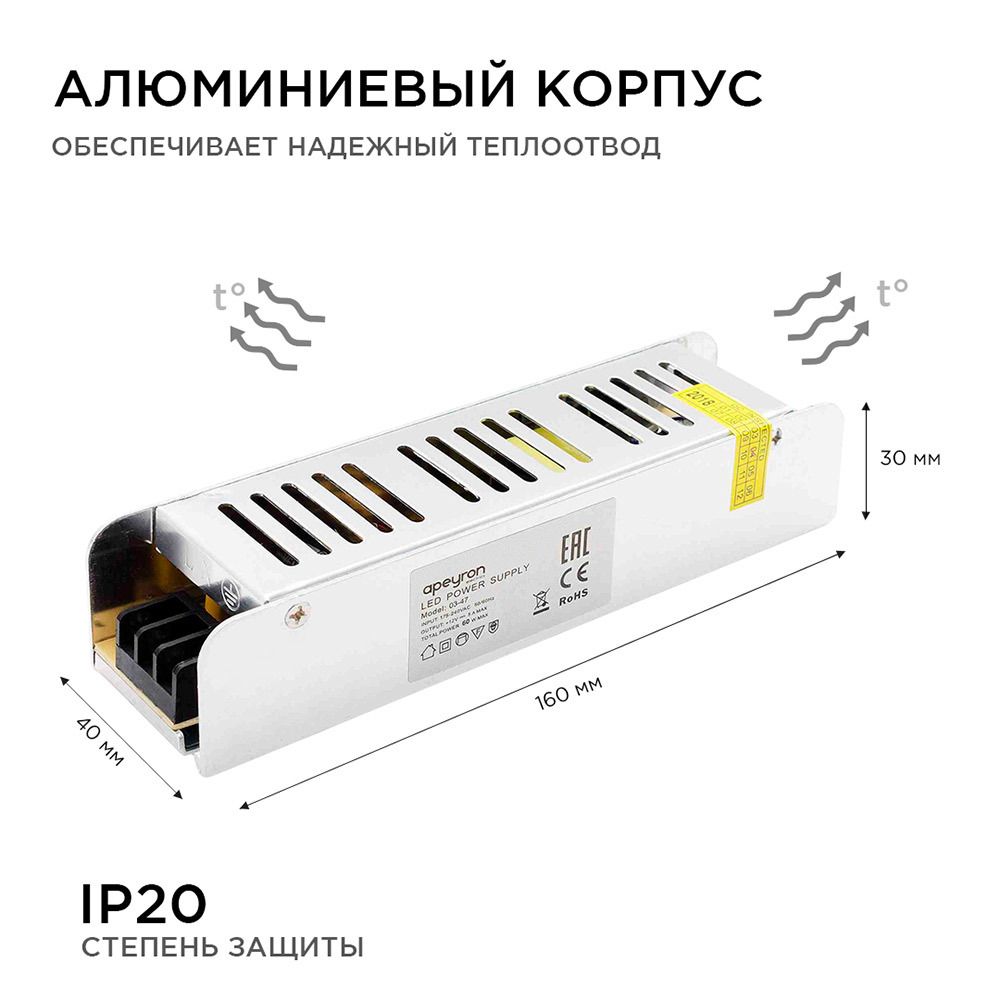 Блок питания для светодиодной ленты Apeyron 220/12 В 60 Вт IP20 (03-47)