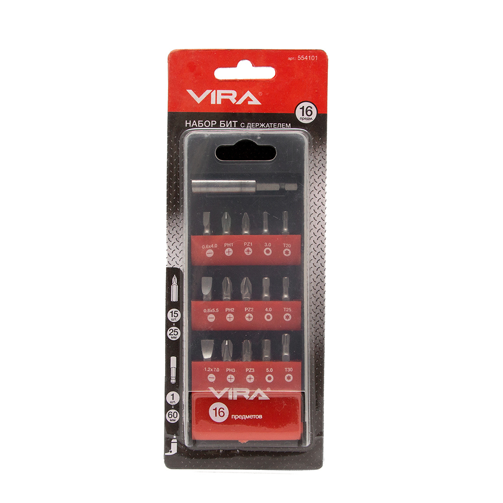 Набор бит Vira (554101) PH/PZ/SL/TORX/HEX 25 мм с магнитным держателем (16 шт.)
