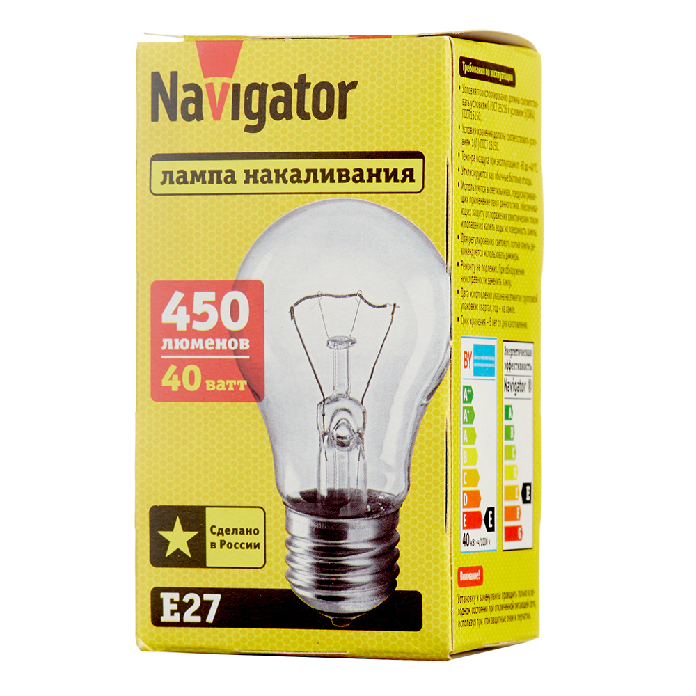 Лампа накаливания Navigator E27 3000К 40 Вт 415 Лм 230 В груша прозрачная