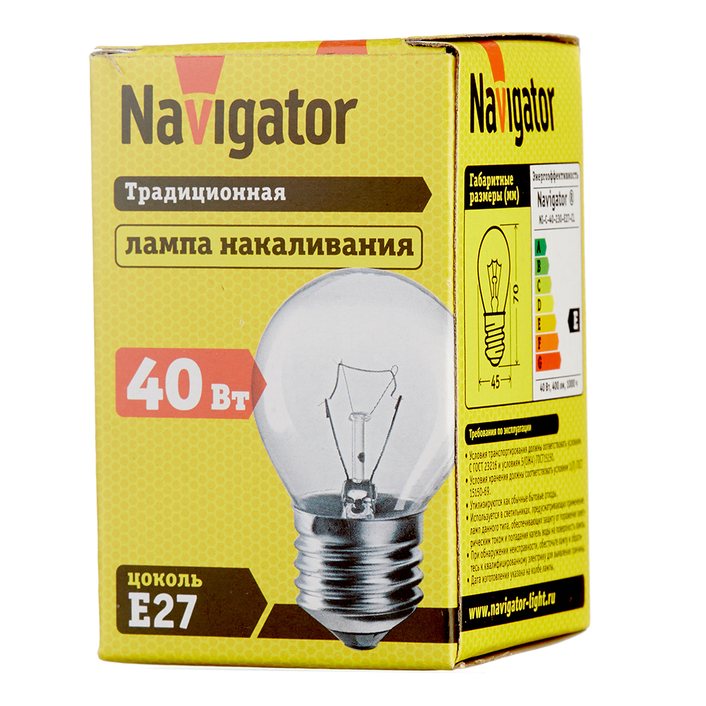 Лампа накаливания Navigator E27 3000К 40 Вт 400 Лм 230 В шар прозрачная