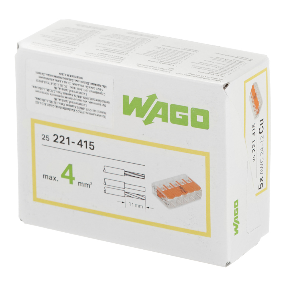 Клемма на 5 проводов Wago 0,14-4 кв.мм с рычажками без пасты (25 шт.) (221-415)