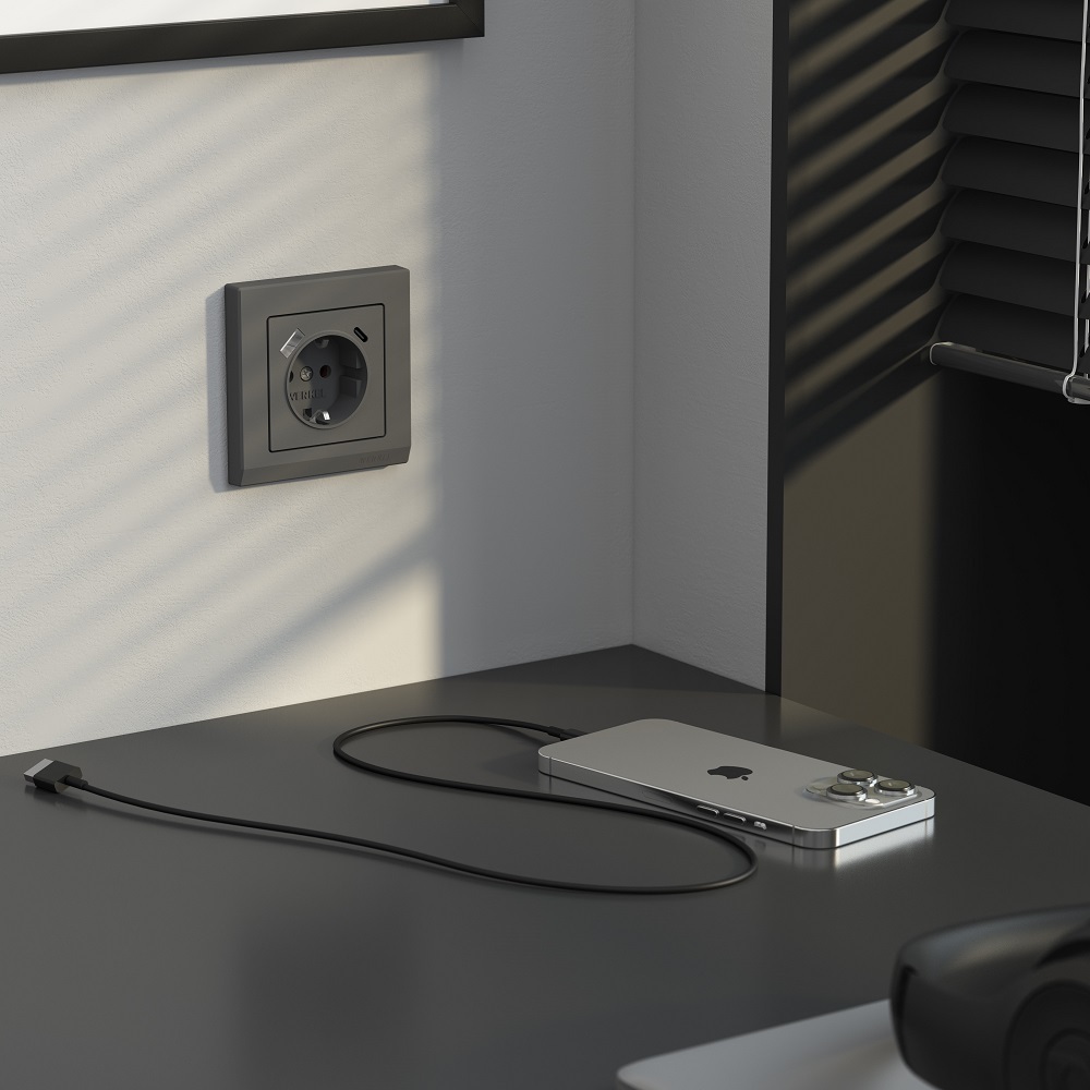 Розетка Werkel встраиваемая графит матовый со шторками с USB-A/ Type-C (a063106)