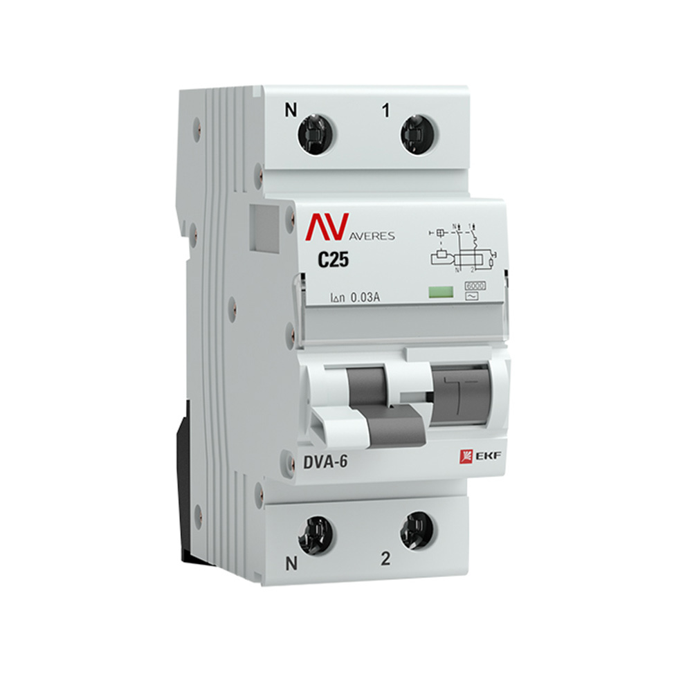 Автомат дифференциальный EKF Averes DVA-6 25А 1P+N тип AC 30 мА 6 кА (rcbo6-1pn-25C-30-ac-av)