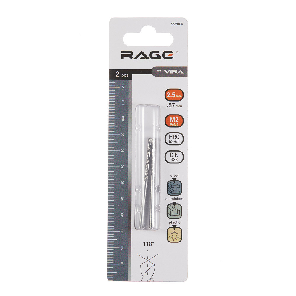 Сверло по металлу спиральное Rage by Vira 2,5х57 мм (2 шт.) (552069)