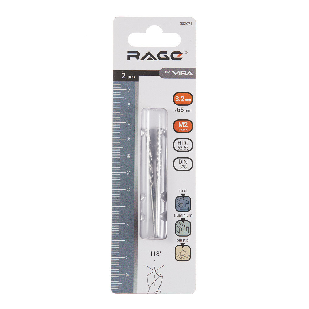 Сверло по металлу спиральное Rage by Vira 3,2х65 мм (2 шт.) (552071)
