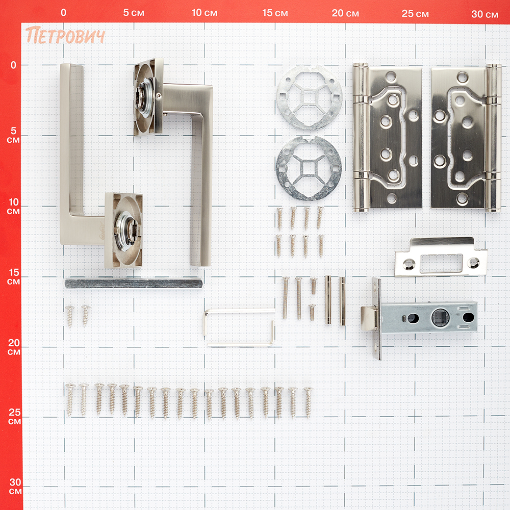 Комплект фурнитуры для двери Lavelly Marigold с защелкой и петлями квадратная розетка матовый никель (990332)