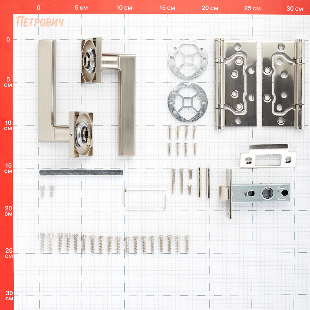 Комплект фурнитуры для двери Lavelly Viola с защелкой и петлями квадратная розетка матовый никель (990334)