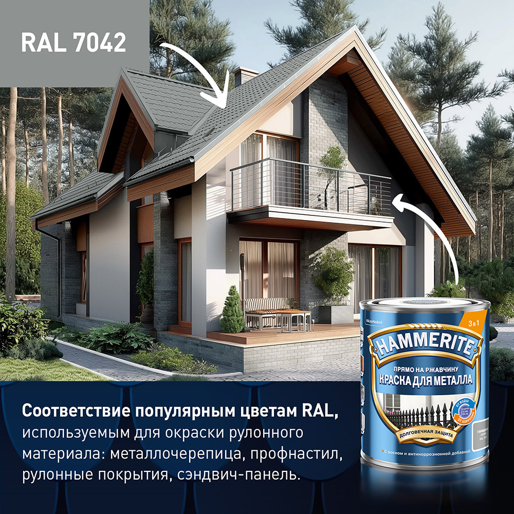 Грунт-эмаль по ржавчине 3в1 Hammerite серая RAL 7042 гладкая глянцевая 2 л