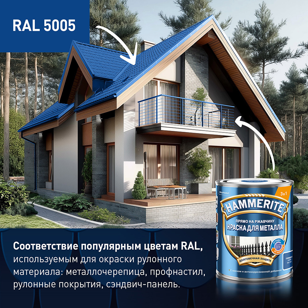 Грунт-эмаль по ржавчине 3в1 Hammerite синяя RAL 5005 гладкая глянцевая 2 л