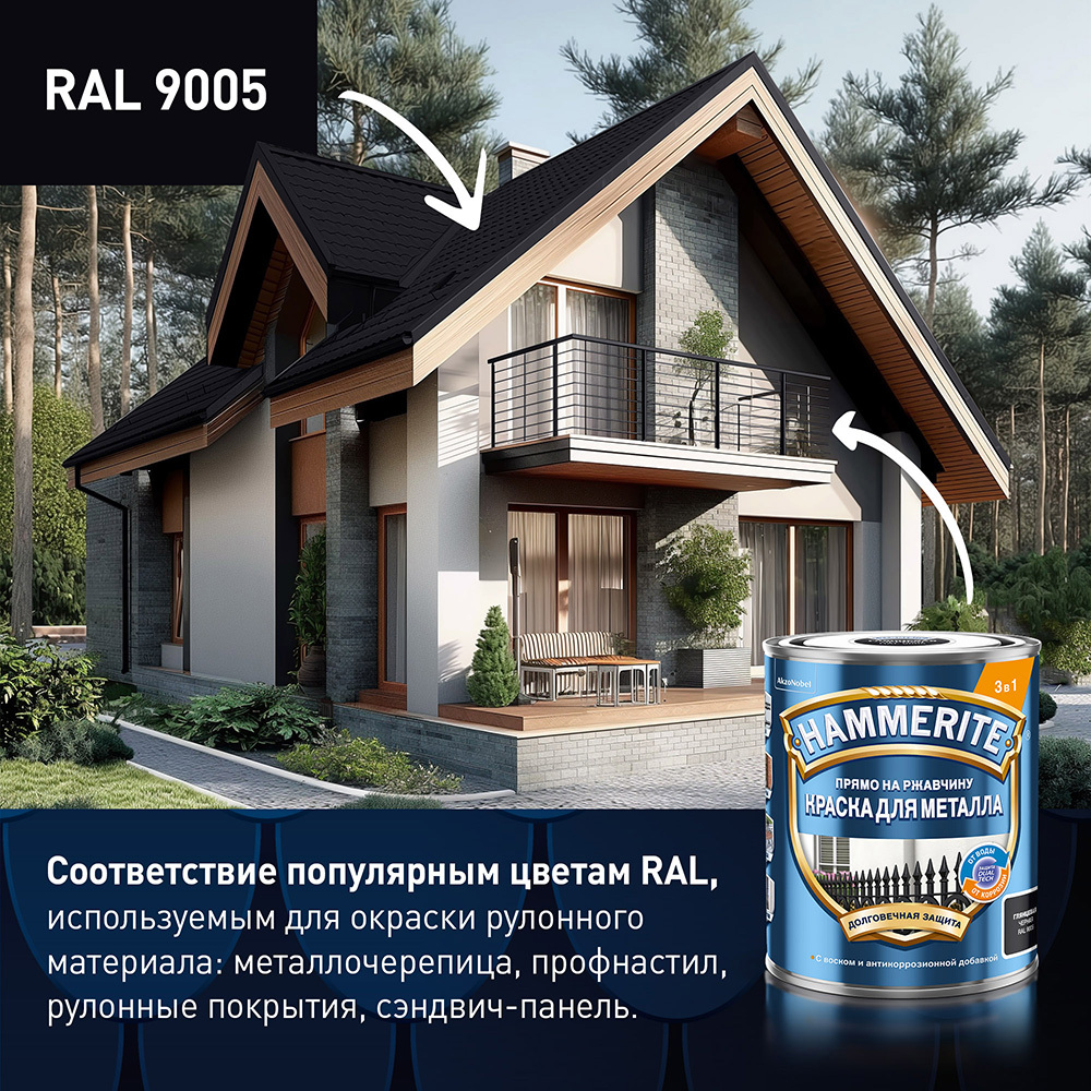 Грунт-эмаль по ржавчине 3в1 Hammerite черная RAL 9005 гладкая глянцевая 2 л