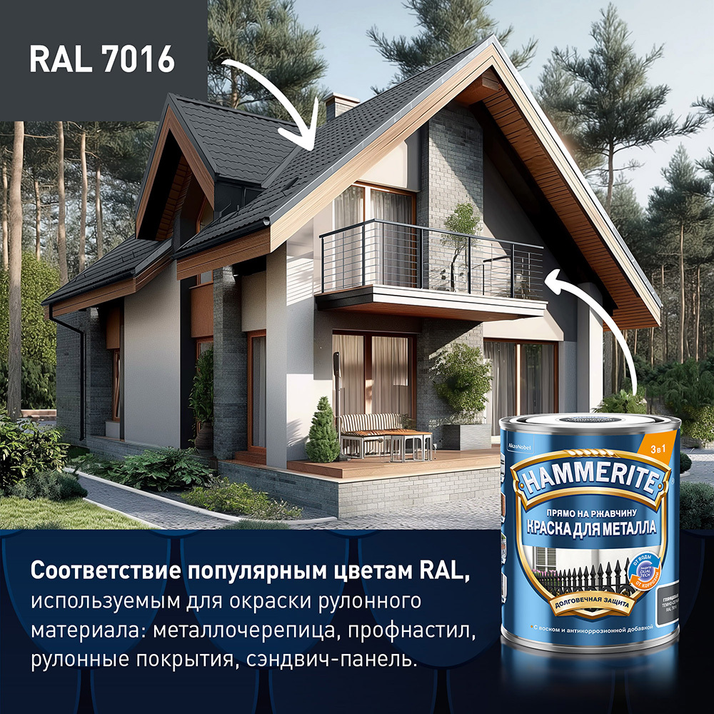 Грунт-эмаль по ржавчине 3в1 Hammerite темно-серая RAL 7016 гладкая глянцевая 0,75 л