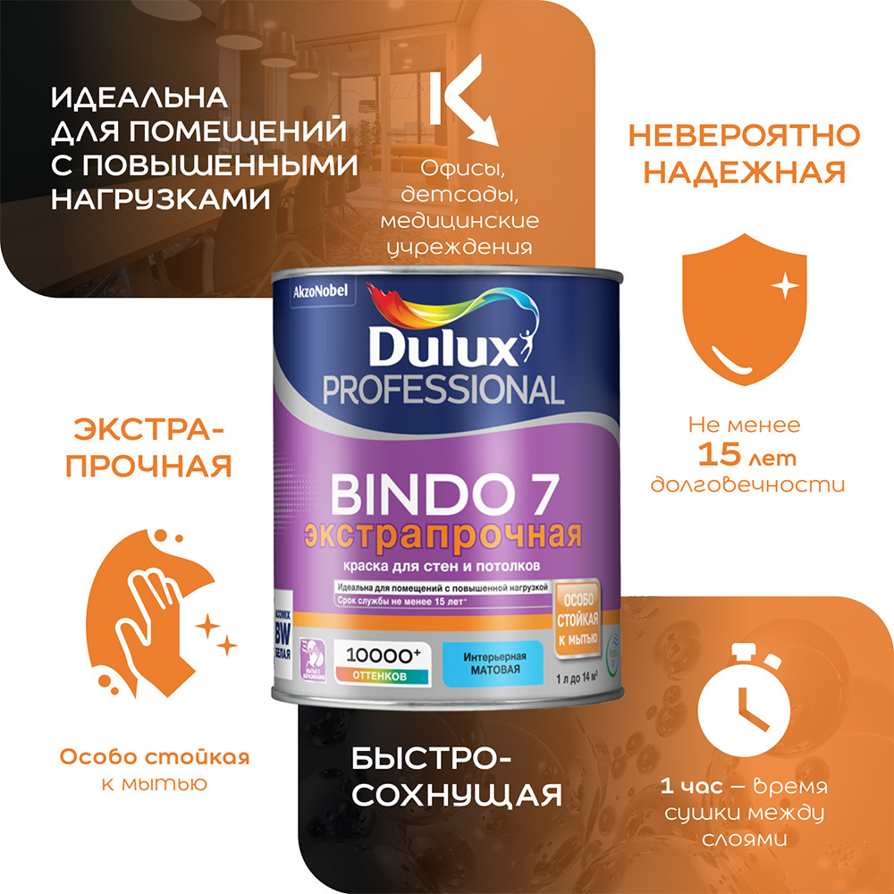 Краска моющаяся Dulux/Luxium Bindo 7 экстрапрочная база BW белая 2,5 л