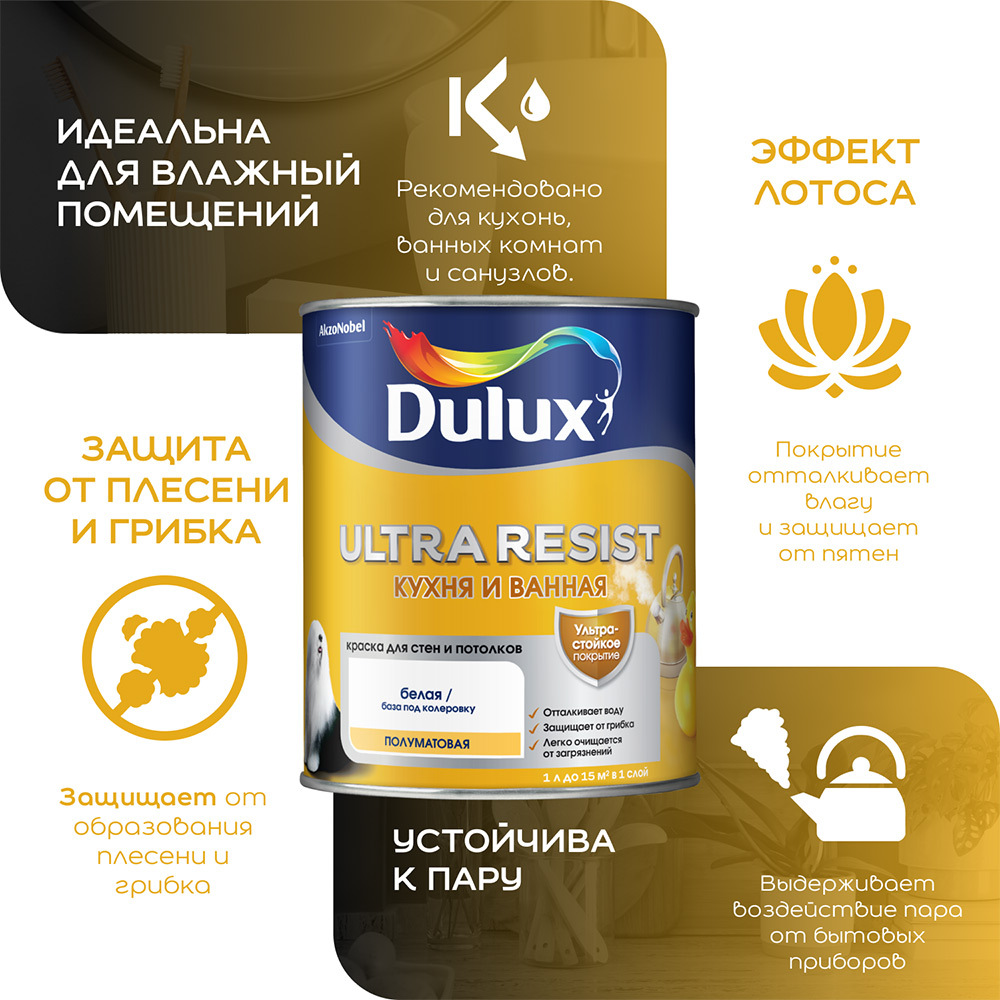 Краска моющаяся Dulux/Luxium Ultra Resist кухня и ванная база BW белая 2,5 л