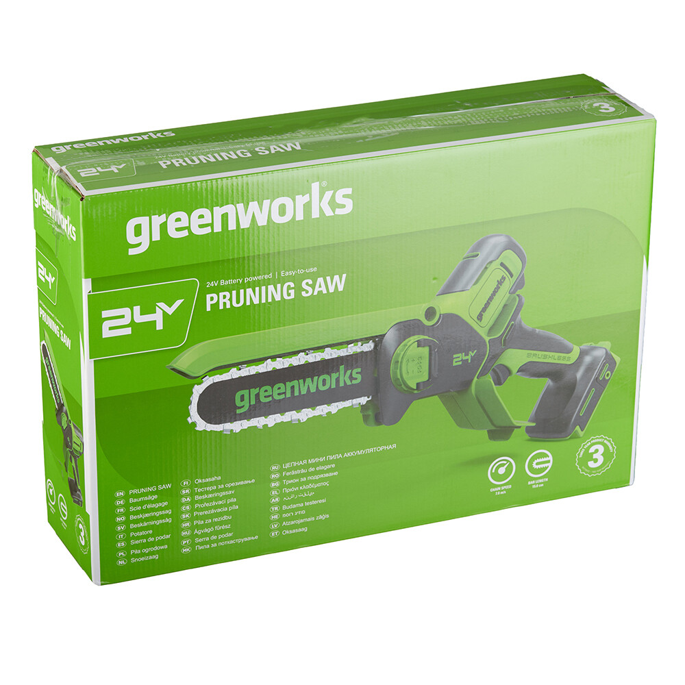 Пила цепная аккумуляторная Greenworks 24V GD24CSMNX 24 В 6" шаг 1/4" паз 1,1 мм 32 звена без АКБ и ЗУ (2008707)