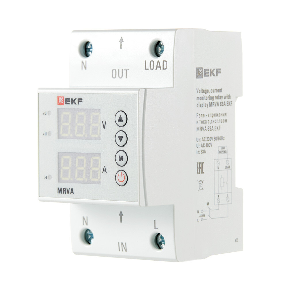 Реле напряжения модульное EKF PROxima (MRVA-63A) 230 В 63 А 1P+N с дисплеем