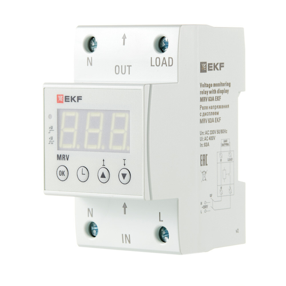 Реле напряжения модульное EKF PROxima (MRV-63A) 230 В 63 А 1P+N с дисплеем