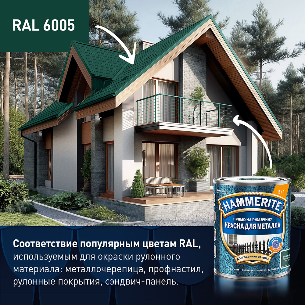 Краска по ржавчине 3в1 Hammerite зеленый мох RAL 6005 молотковая матовая 0,75 л
