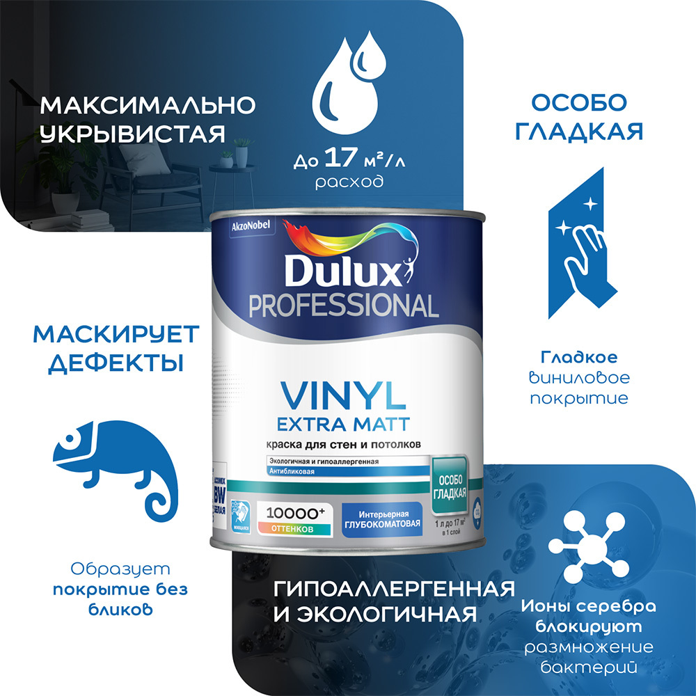 Краска моющаяся Dulux/Luxium Vinyl Extra Matt база BW белый 1 л