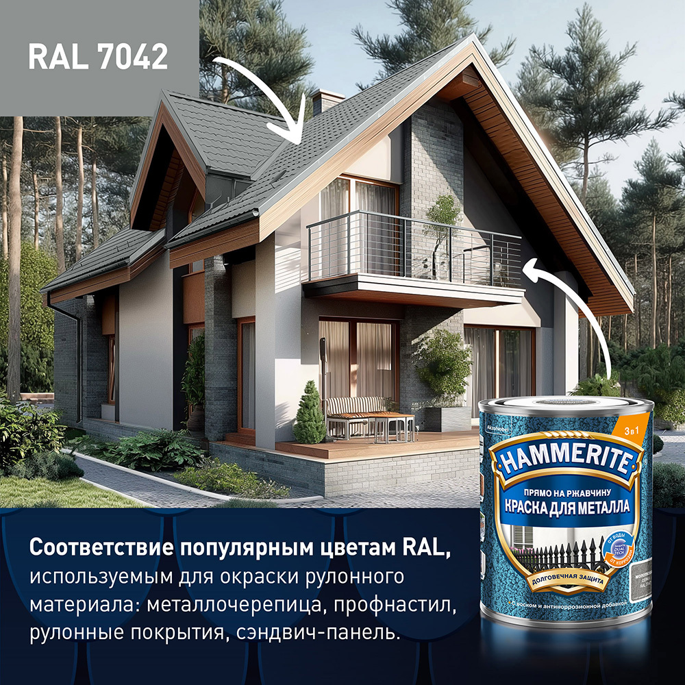 Краска по ржавчине 3в1 Hammerite серая RAL 7042 молотковая матовая 5 л