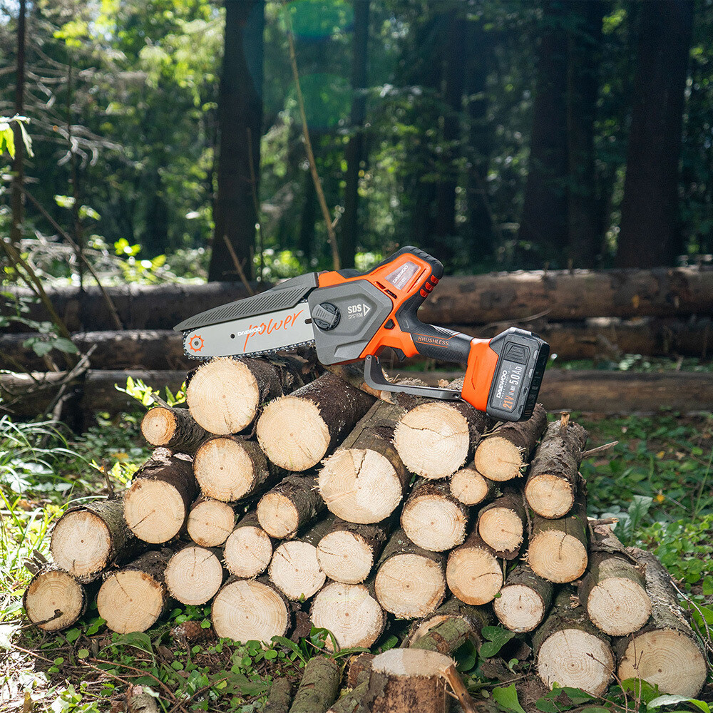 Пила цепная аккумуляторная Daewoo 21 В 8" шаг 1/4" паз 1,1 мм 48 звеньев Li-Ion 5Ач 1 АКБ и ЗУ (DACS 821Li SET)