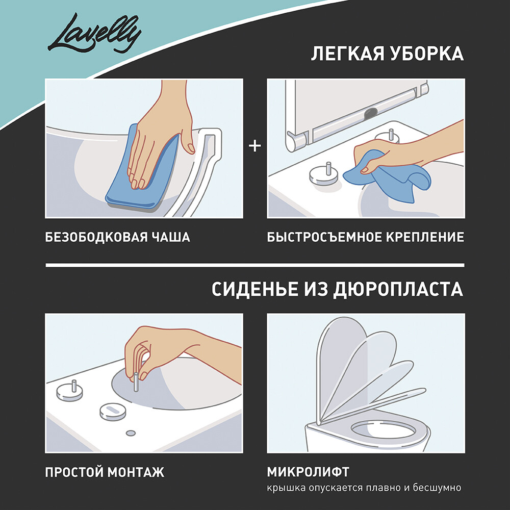Унитаз-компакт Lavelly Pable безободковый с горизонтальным выпуском с сиденьем дюропласт микролифт белый (1039462)