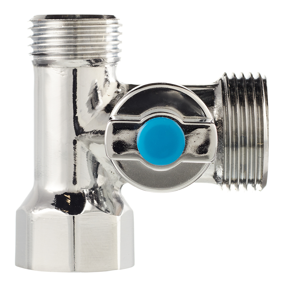 Кран шаровой латунный Valtec 1/2 ВР(г) х 3/4 НР(ш) х 1/2 НР(ш) к бытовой технике проходной бабочка трехходовой (VT.256.N.04)