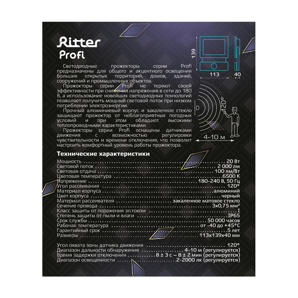 Прожектор светодиодный Ritter Profi 6500К 20 Вт IP65 с датчиком движения черный
