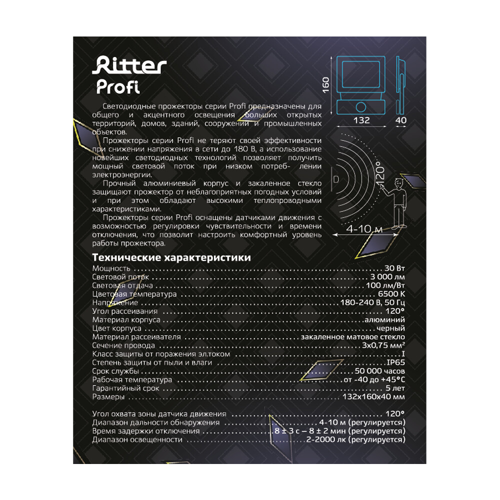 Прожектор светодиодный Ritter Profi 6500К 30 Вт IP65 с датчиком движения черный