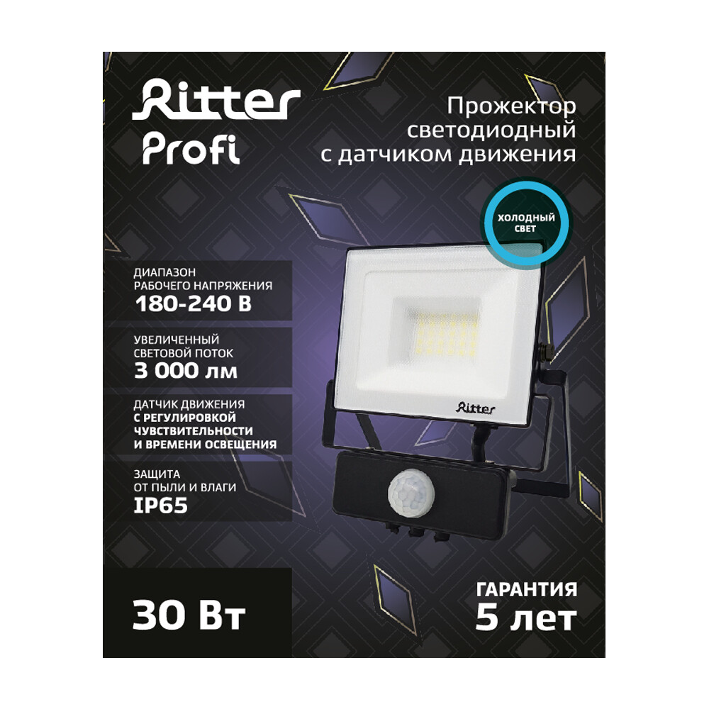 Прожектор светодиодный Ritter Profi 6500К 30 Вт IP65 с датчиком движения черный