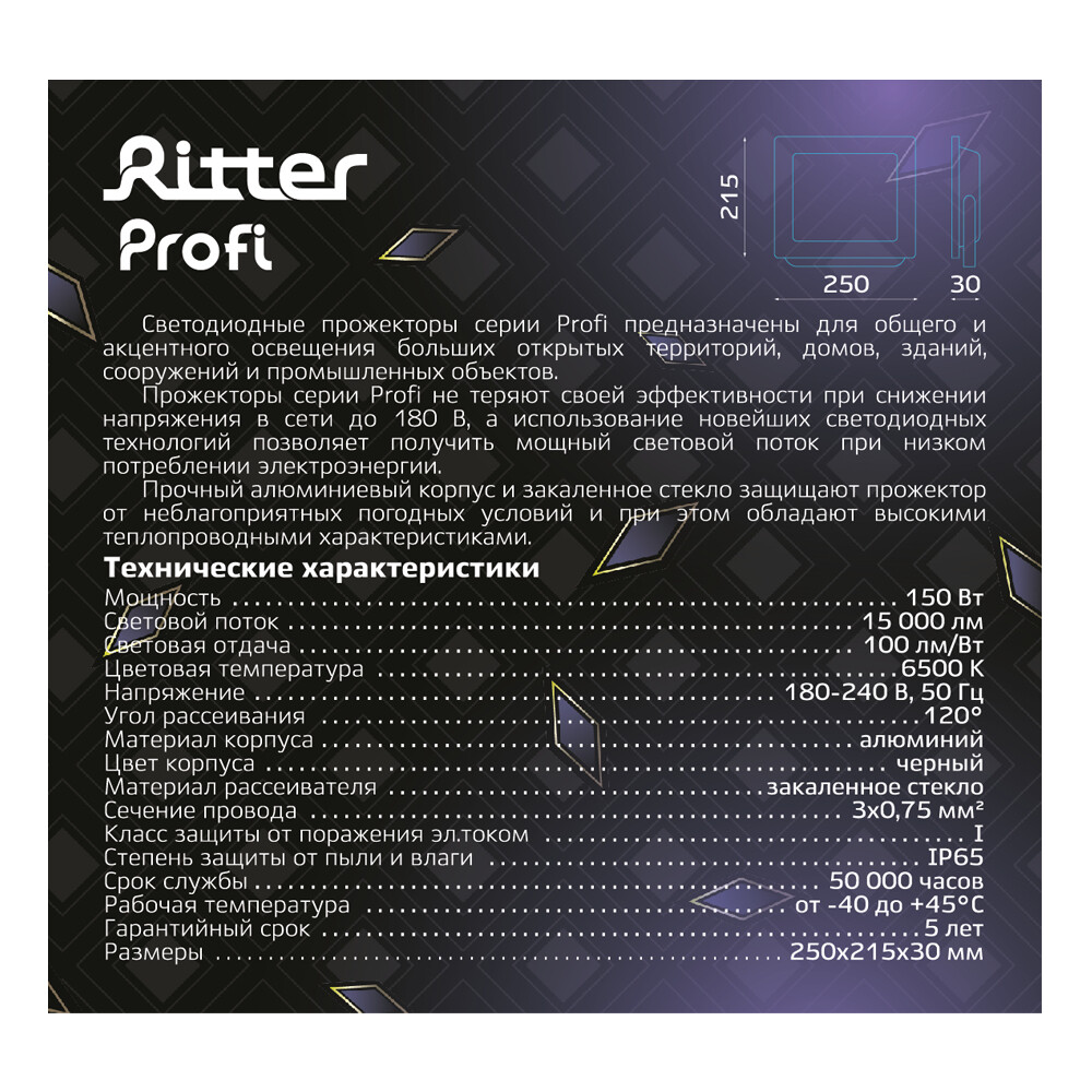 Прожектор светодиодный Ritter Profi 6500К 150 Вт IP65 черный