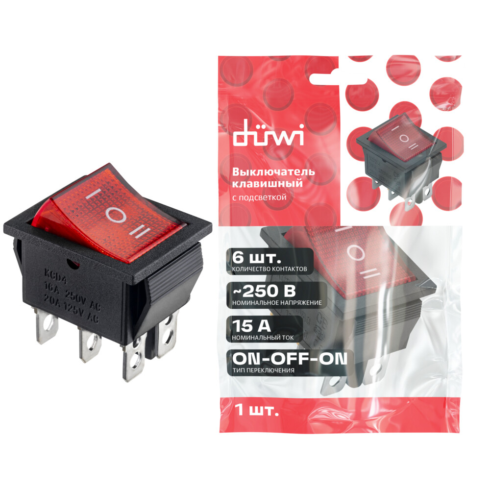 Кнопка прямоугольная Düwi 26842 0 250 В IP20 с подсветкой красная
